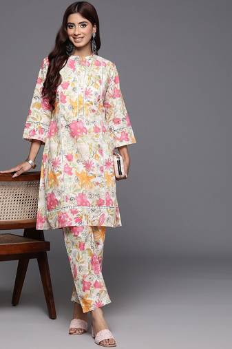 Off White Floral Printed  Cotton Lace Detailed Kurta With Trouser
