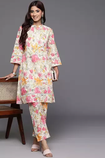 Off White Floral Printed Pure Cotton Lace Detailed Kurta With Trouser