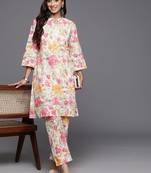Off White Floral Printed  Cotton Lace Detailed Kurta With Trouser