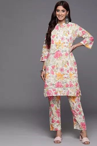 Off White Floral Printed Pure Cotton Lace Detailed Kurta With Trouser