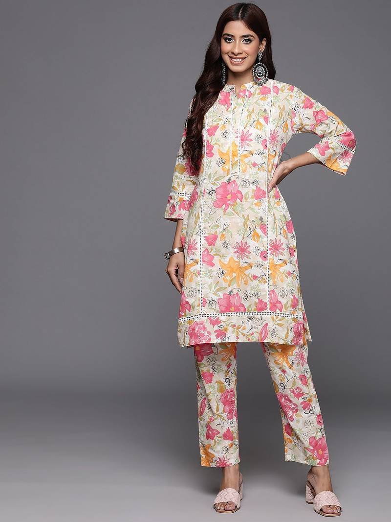 Off White Floral Printed  Cotton Lace Detailed Kurta With Trouser