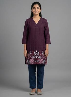 Wine floral embroidered short kurti 1