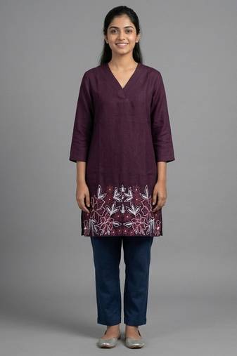 Wine floral embroidered short kurti