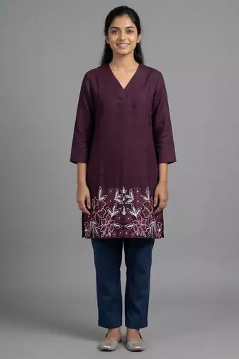 Wine floral embroidered short kurti