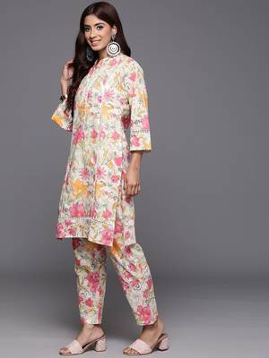 Off White Floral Printed  Cotton Lace Detailed Kurta With Trouser 5