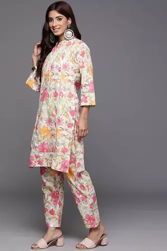 Off White Floral Printed Pure Cotton Lace Detailed Kurta With Trouser