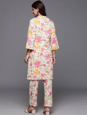 Off White Floral Printed  Cotton Lace Detailed Kurta With Trouser 6