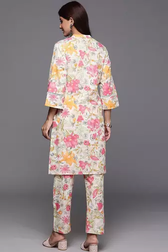 Off White Floral Printed Pure Cotton Lace Detailed Kurta With Trouser
