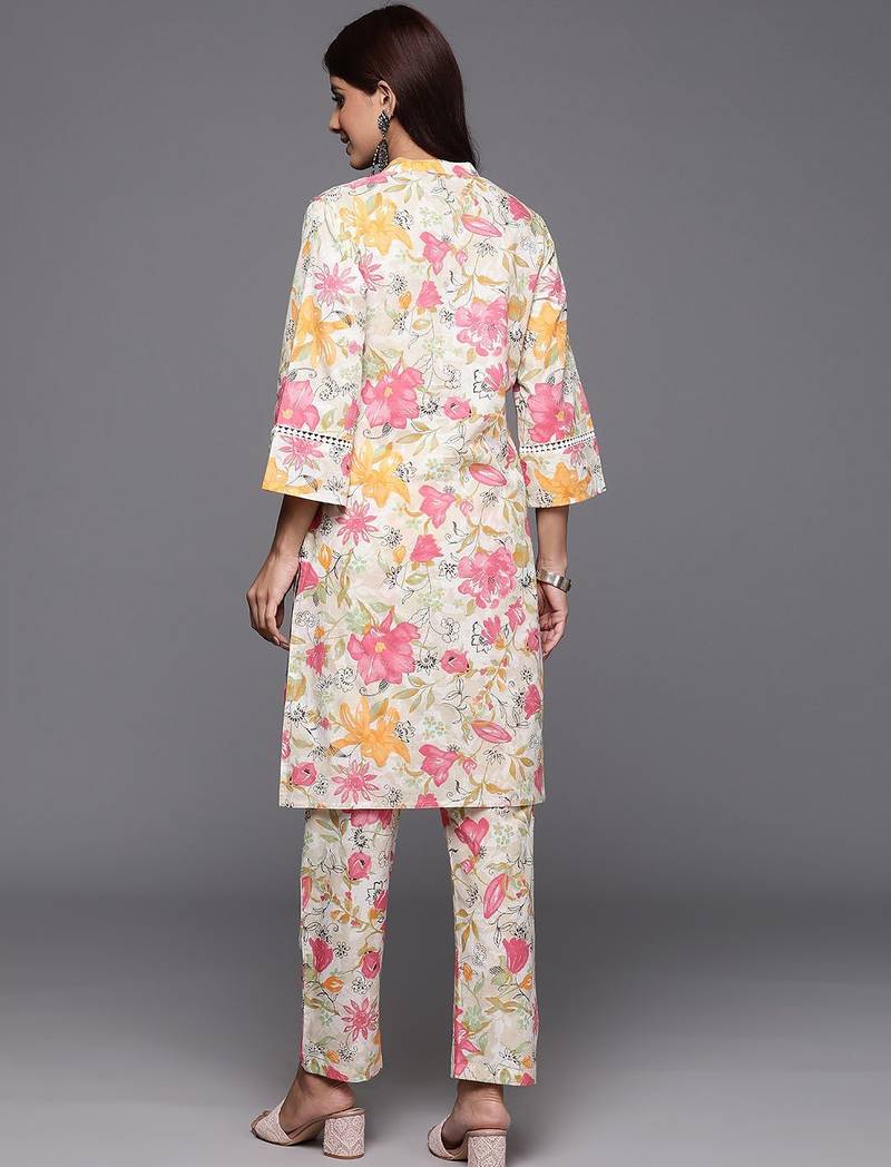 Off White Floral Printed  Cotton Lace Detailed Kurta With Trouser