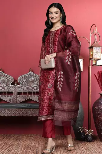 Maroon Floral Printed Beads and Stones Straight Kurta with Trousers & Dupatta