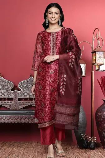 Maroon Floral Printed Beads and Stones Straight Kurta with Trousers & Dupatta