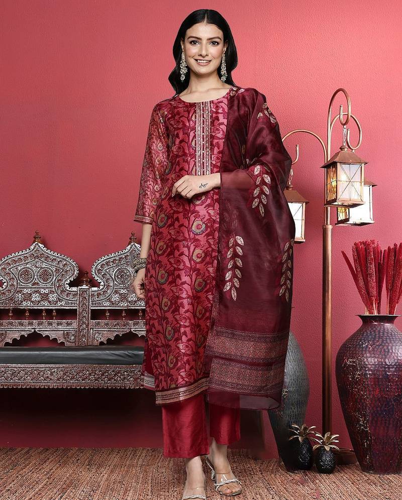 Maroon Floral Printed Beads and Stones Straight Kurta with Trousers & Dupatta