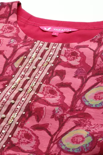 Maroon Floral Printed Beads and Stones Straight Kurta with Trousers & Dupatta