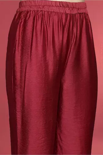 Maroon Floral Printed Beads and Stones Straight Kurta with Trousers & Dupatta