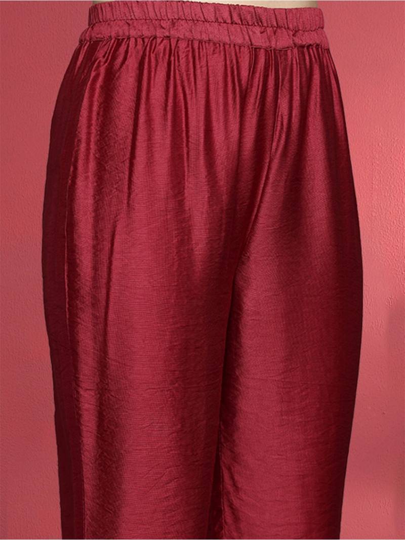 Maroon Floral Printed Beads and Stones Straight Kurta with Trousers & Dupatta