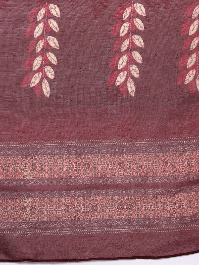 Maroon Floral Printed Beads and Stones Straight Kurta with Trousers & Dupatta