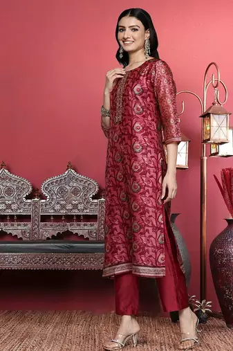 Maroon Floral Printed Beads and Stones Straight Kurta with Trousers & Dupatta