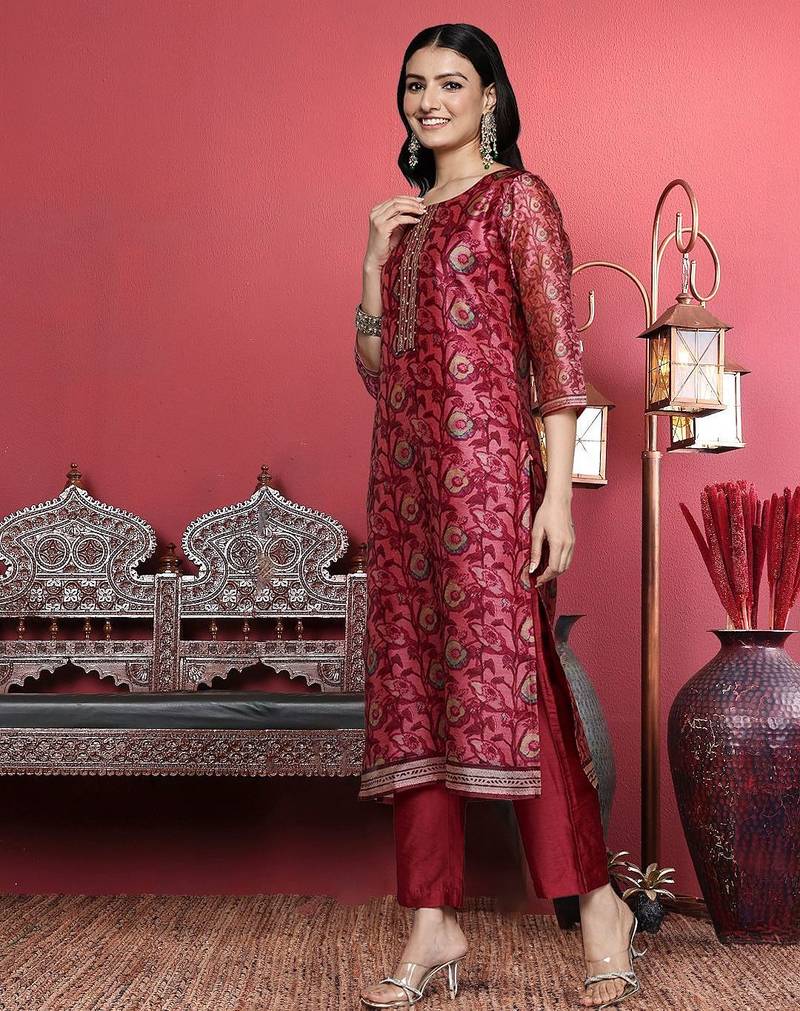 Maroon Floral Printed Beads and Stones Straight Kurta with Trousers & Dupatta