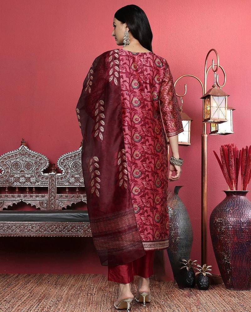 Maroon Floral Printed Beads and Stones Straight Kurta with Trousers & Dupatta