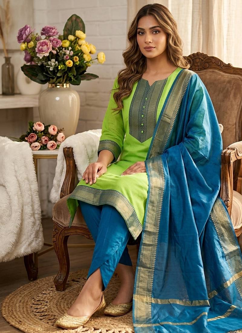 Pista woven jaquard straight kurti dupatta with pant
