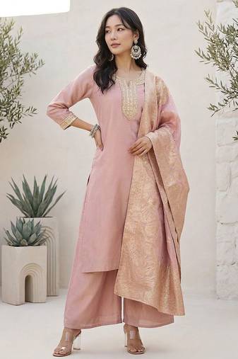 Ethnic Motifs Yoke Design Notch Neck Straight Kurta With Palazzos & Dupatta