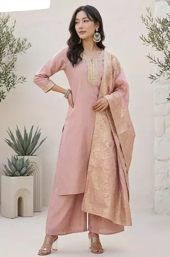 Ethnic Motifs Yoke Design Notch Neck Straight Kurta With Palazzos & Dupatta