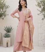 Ethnic Motifs Yoke Design Notch Neck Straight Kurta With Palazzos & Dupatta