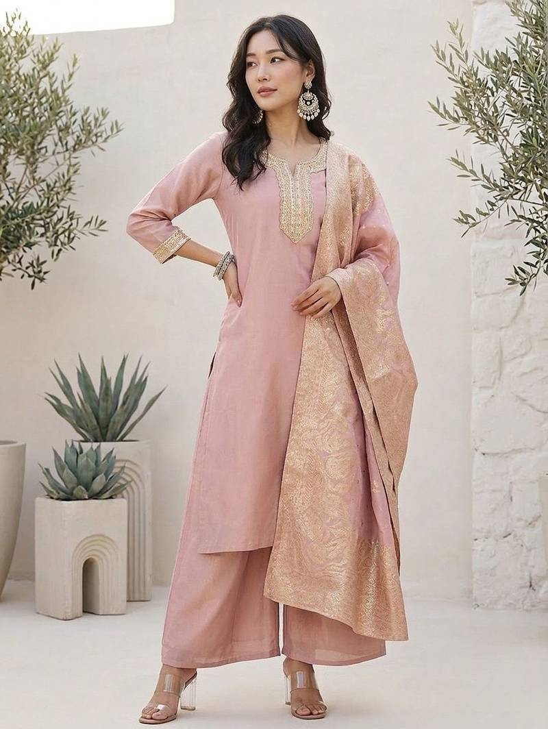 Ethnic Motifs Yoke Design Notch Neck Straight Kurta With Palazzos & Dupatta