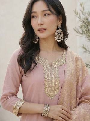 Ethnic Motifs Yoke Design Notch Neck Straight Kurta With Palazzos & Dupatta 2