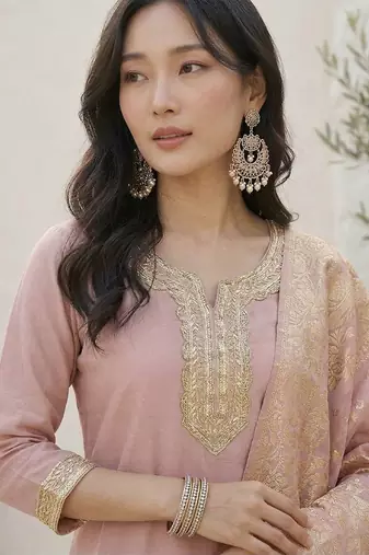 Ethnic Motifs Yoke Design Notch Neck Straight Kurta With Palazzos & Dupatta