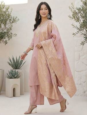 Ethnic Motifs Yoke Design Notch Neck Straight Kurta With Palazzos & Dupatta 3
