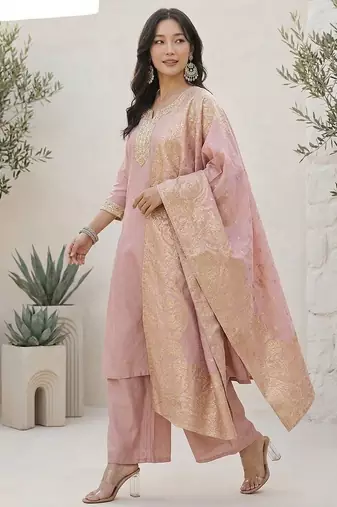 Ethnic Motifs Yoke Design Notch Neck Straight Kurta With Palazzos & Dupatta