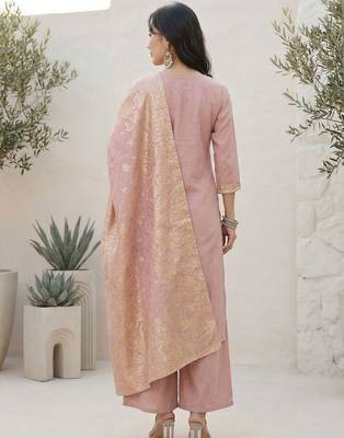 Ethnic Motifs Yoke Design Notch Neck Straight Kurta With Palazzos & Dupatta 4