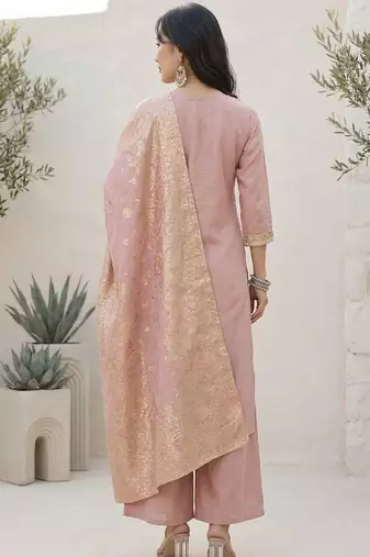 Ethnic Motifs Yoke Design Notch Neck Straight Kurta With Palazzos & Dupatta