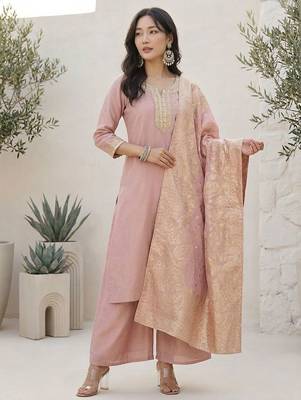 Ethnic Motifs Yoke Design Notch Neck Straight Kurta With Palazzos & Dupatta 5