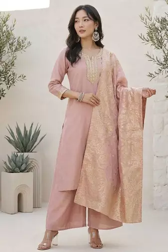 Ethnic Motifs Yoke Design Notch Neck Straight Kurta With Palazzos & Dupatta