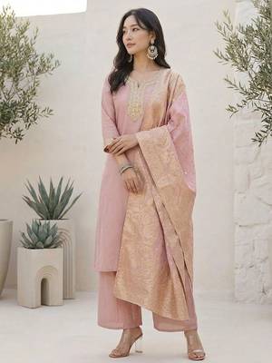 Ethnic Motifs Yoke Design Notch Neck Straight Kurta With Palazzos & Dupatta 6