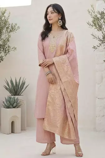 Ethnic Motifs Yoke Design Notch Neck Straight Kurta With Palazzos & Dupatta