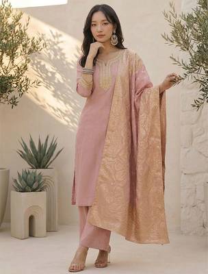 Ethnic Motifs Yoke Design Notch Neck Straight Kurta With Palazzos & Dupatta 7