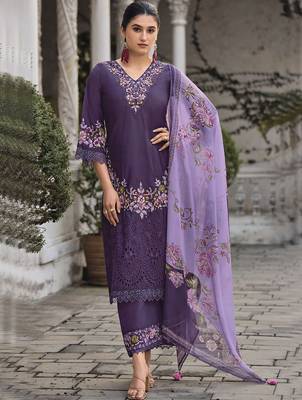 Floral Embroidered V Neck Thread Work Pure Cotton Kurta With Trouser And Dupatta 1