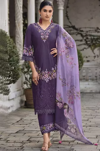 Floral Embroidered V Neck Thread Work Pure Cotton Kurta With Trouser And Dupatta