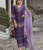 Floral Embroidered V Neck Thread Work Pure Cotton Kurta With Trouser And Dupatta