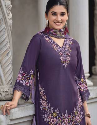 Floral Embroidered V Neck Thread Work Pure Cotton Kurta With Trouser And Dupatta 2