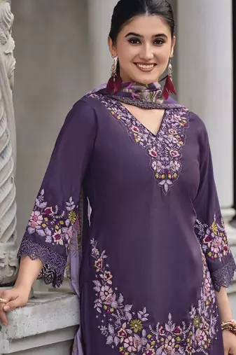 Floral Embroidered V Neck Thread Work Pure Cotton Kurta With Trouser And Dupatta
