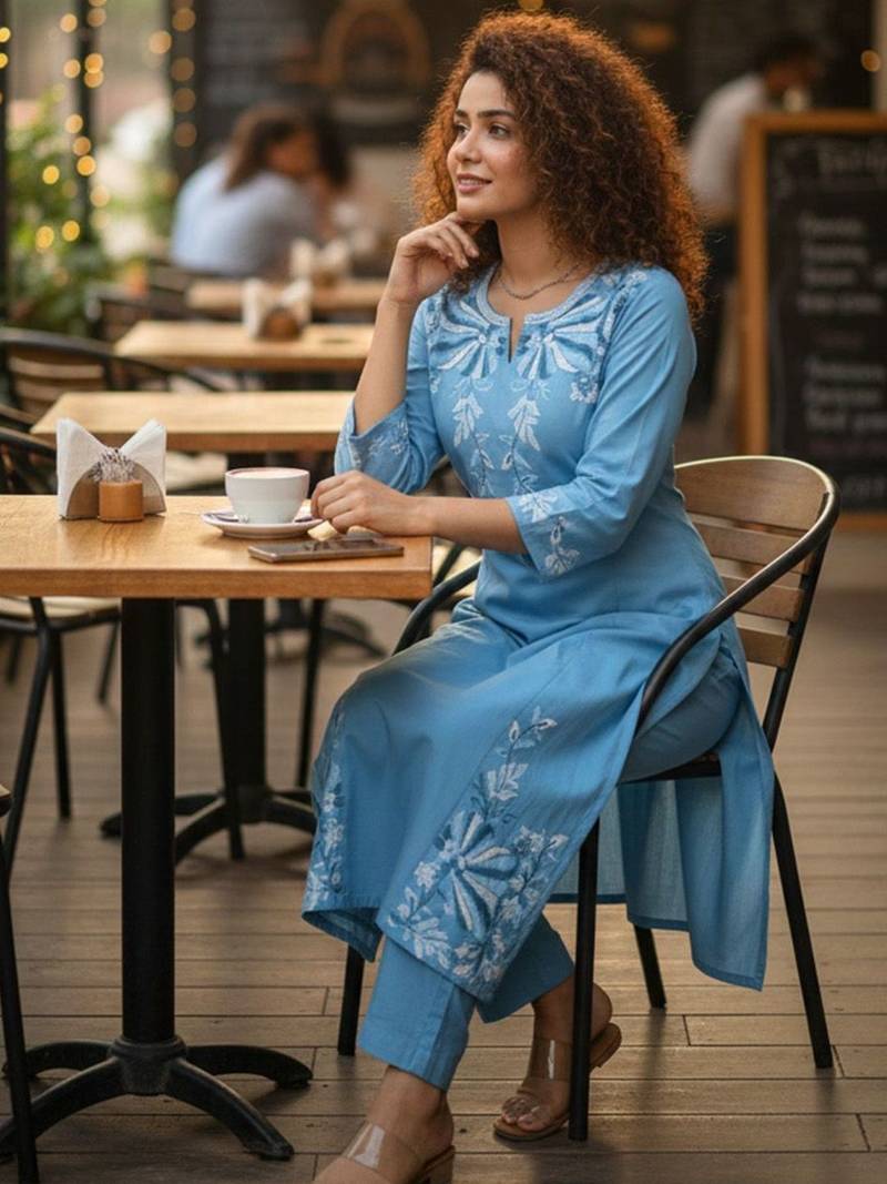 Women Floral Embroidered Regular Thread Work Kurta with Trousers