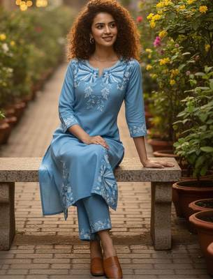 Women Floral Embroidered Regular Thread Work Kurta with Trousers 3