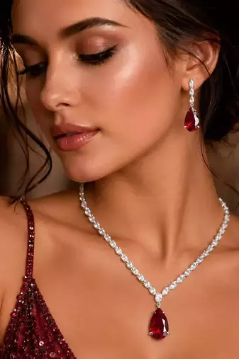 Ruby Red Teardrop Bridal Jewelry Set, CZ Crystal Necklace Earrings