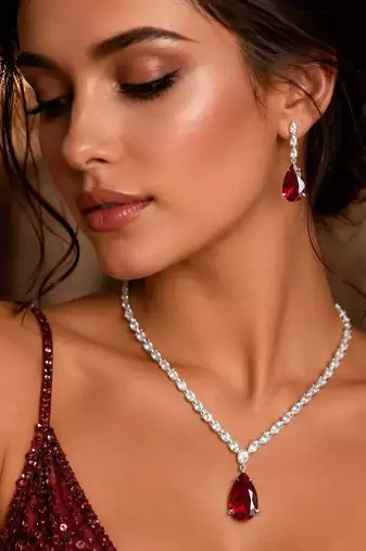 Ruby Red Teardrop Bridal Jewelry Set, CZ Crystal Necklace Earrings