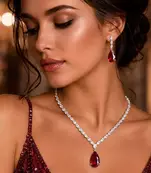 Ruby Red Teardrop Bridal Jewelry Set, CZ Crystal Necklace Earrings