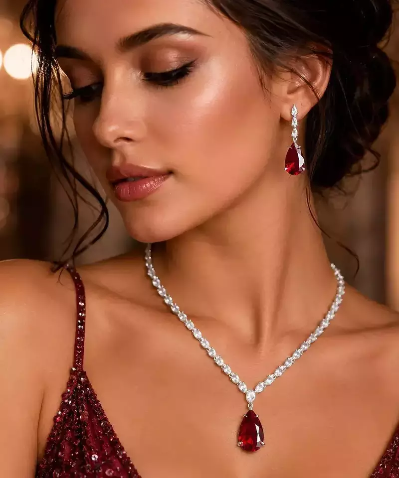 Ruby Red Teardrop Bridal Jewelry Set, CZ Crystal Necklace Earrings